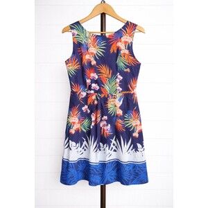 Talbots  Tropical Floral Sleeveless Lined Midi Dress Fit Flare Pleated 10P